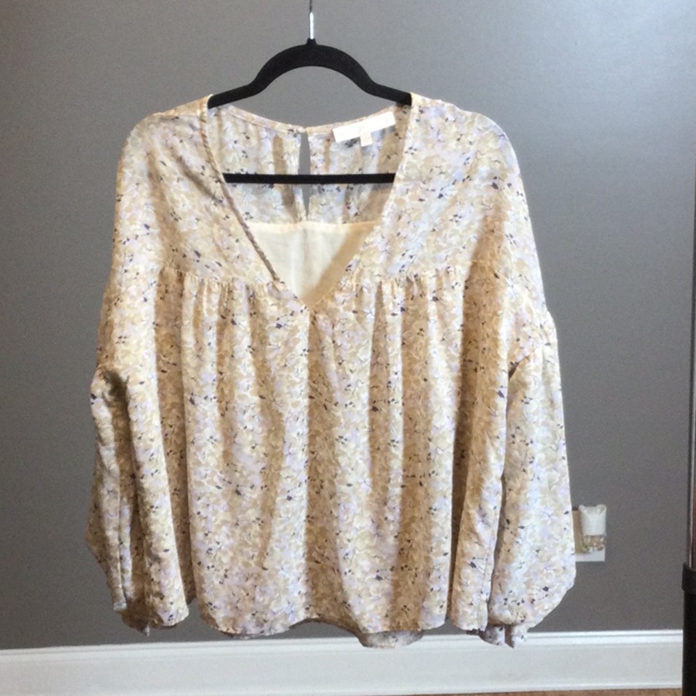 L Karlie Lilac and Cream Floral Boho V-Neck Blouse